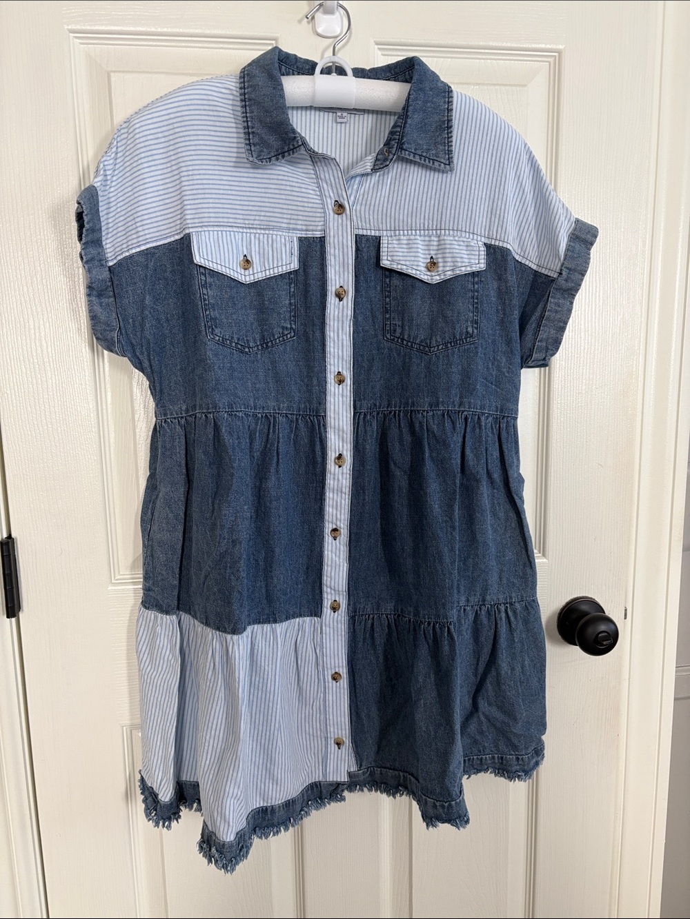 white birch Two-Tone Denim & Light Blue Stripe Button Dress